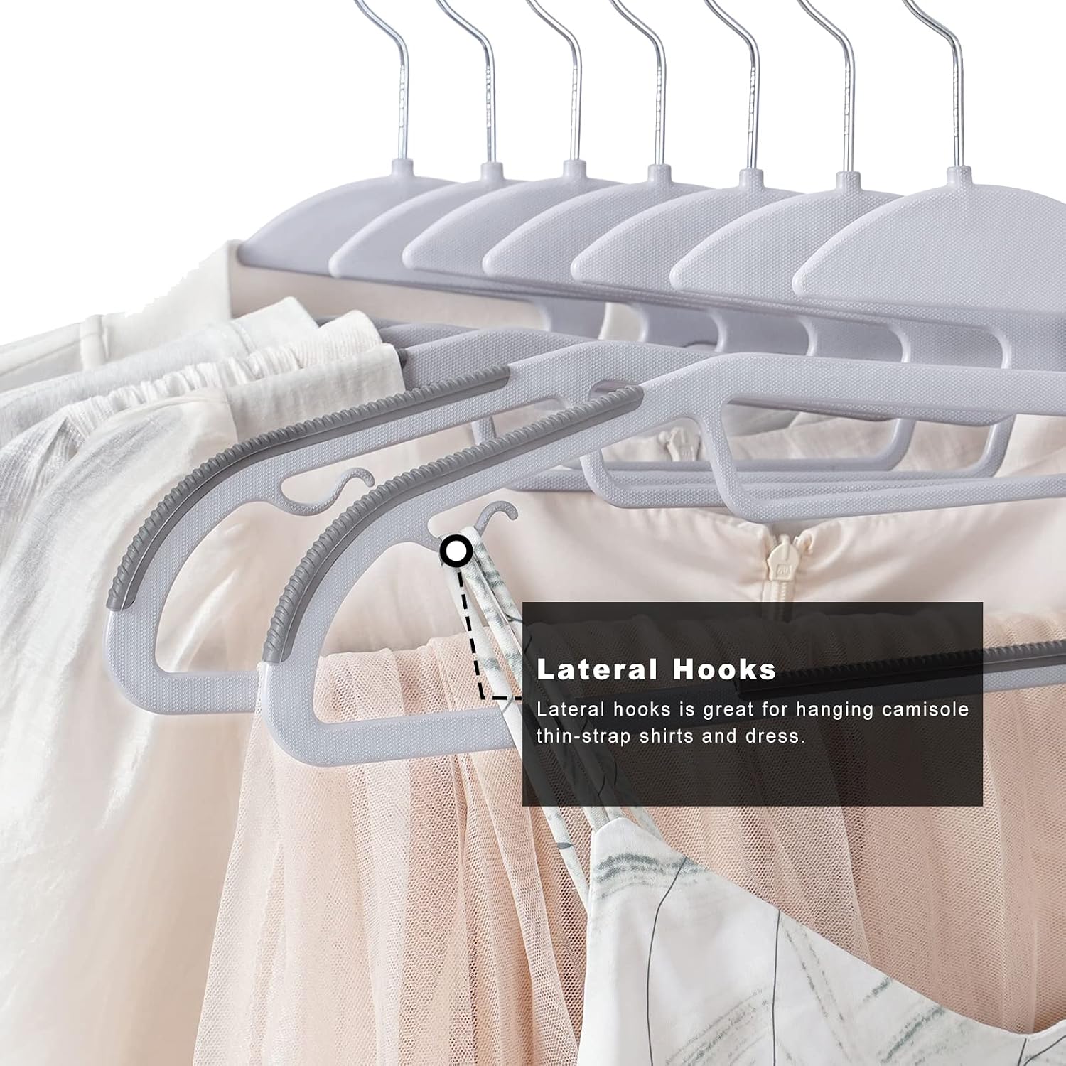 Annotated close-up of the lateral hooks and secondary hang bar for ties, belts and undergarments