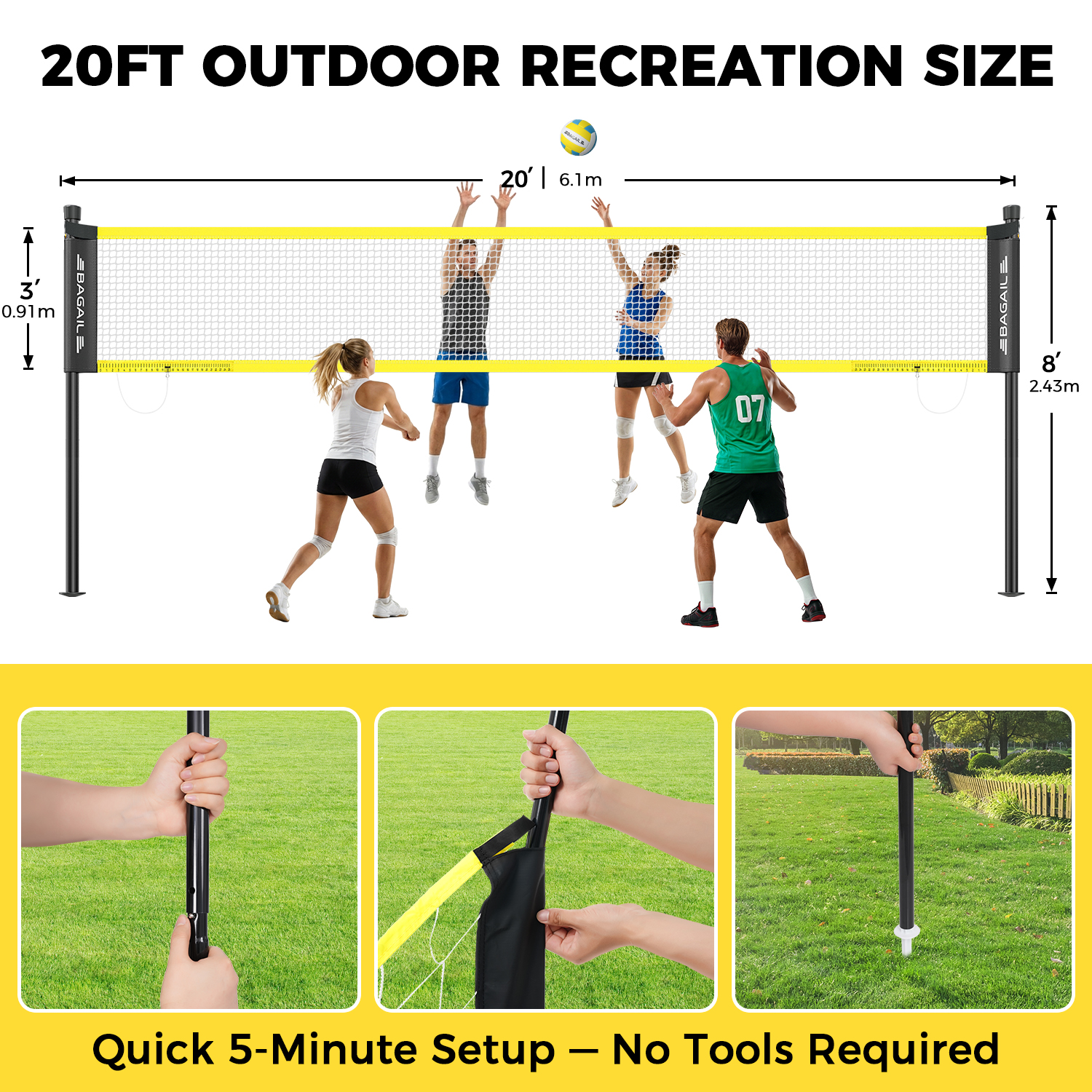 BAGAIL Outdoor Volleyball Net Set 20FT/32FT, Portable for Beach, Backyard | Complete Kit with Carry Bag, Ball & Pump, Integrated Scoring System, Anti-Sag, All-Weather Durability, Easy 5-min Setup-BAGAIL