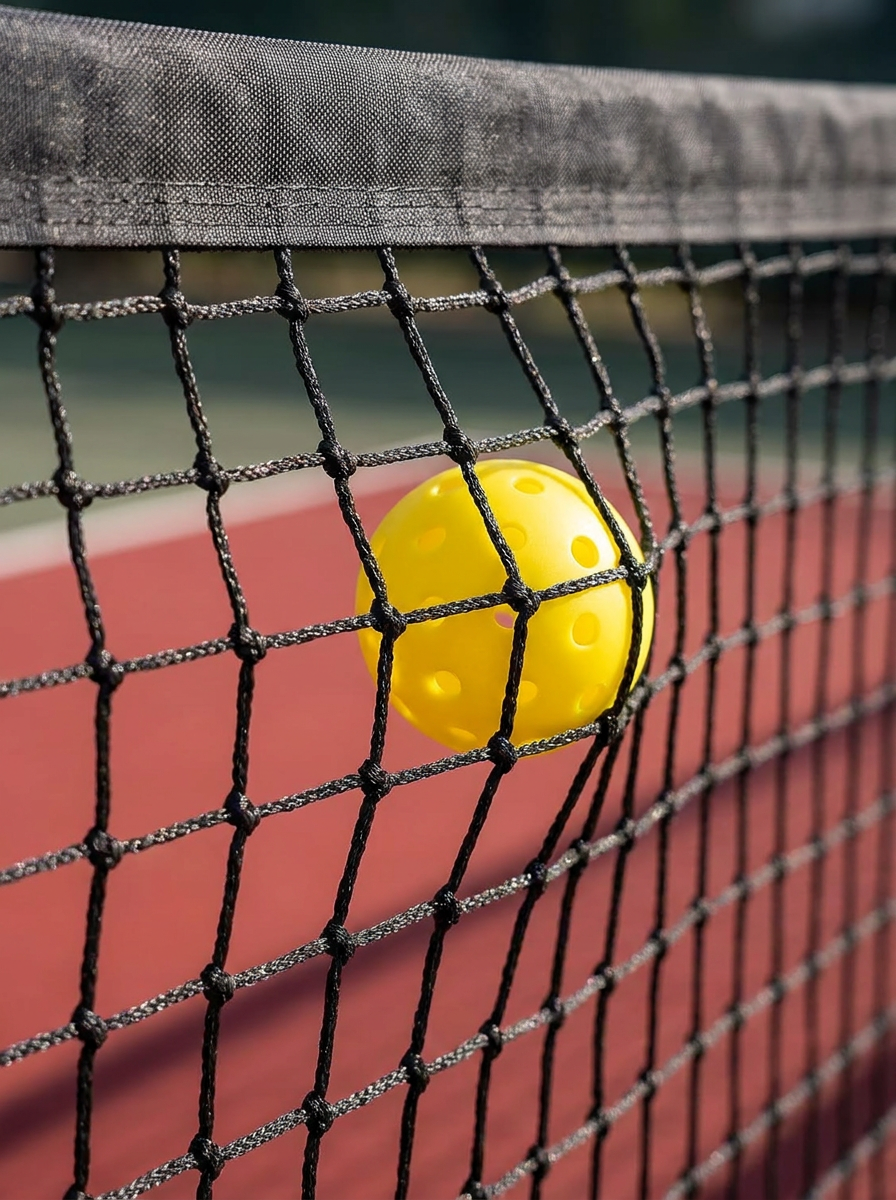 Close-up of the BAGAIL 18-ply PE knotless pickleball net mesh with a yellow ball hitting the net