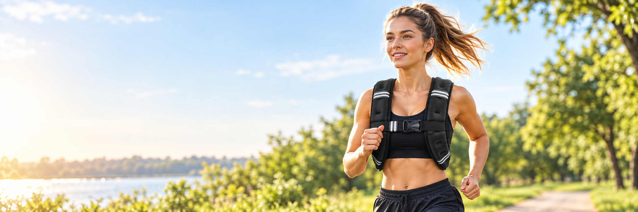 Woman jogging outdoors in a BAGAIL Comfort-Fit weighted vest for women &mdash; 5 to 30 lb vest for walking, running and strength training