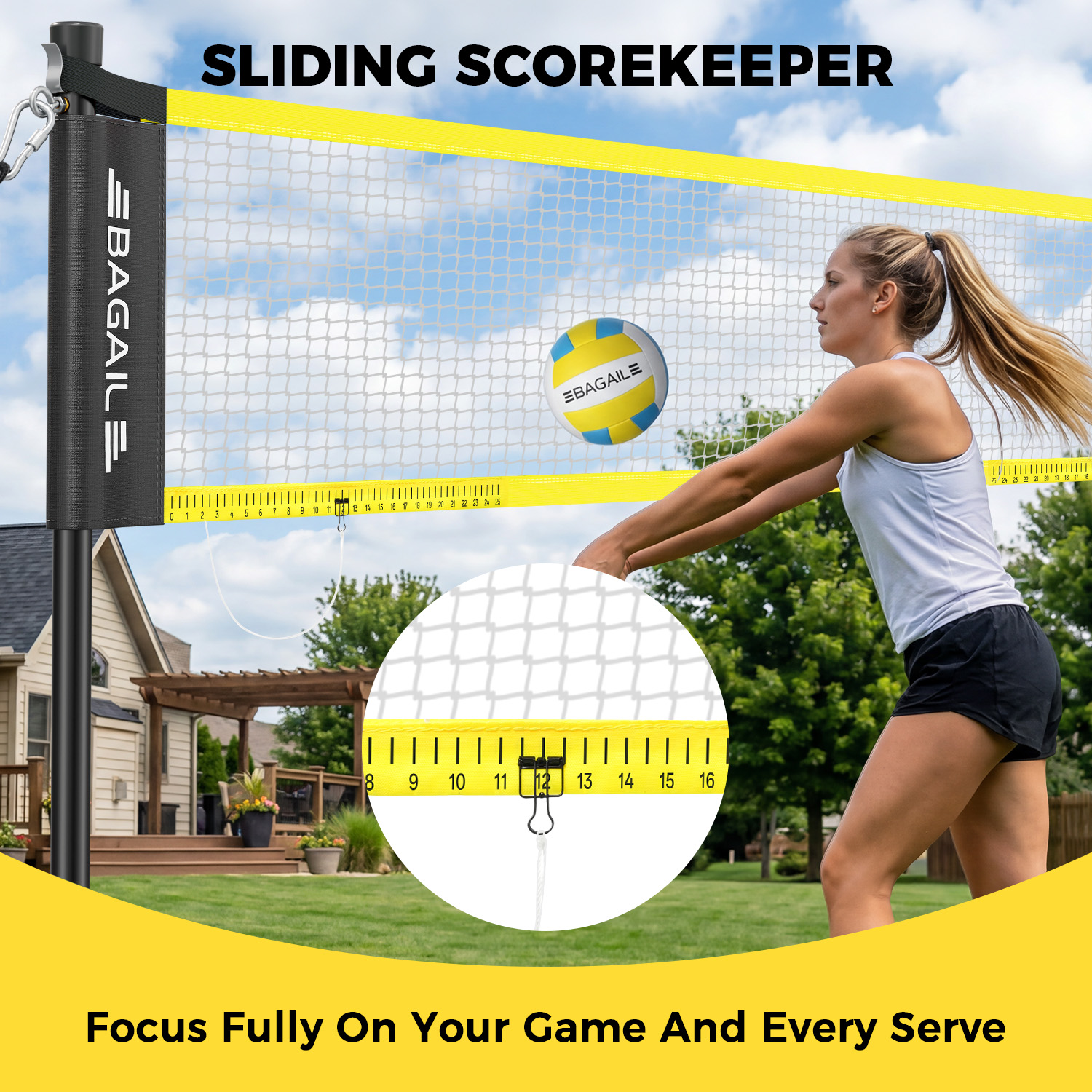 BAGAIL Outdoor Volleyball Net Set 20FT/32FT, Portable for Beach, Backyard | Complete Kit with Carry Bag, Ball & Pump, Integrated Scoring System, Anti-Sag, All-Weather Durability, Easy 5-min Setup-BAGAIL