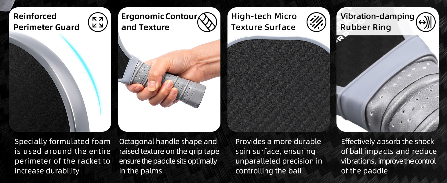 Four BAGAIL paddle features: perimeter guard, ergonomic grip, micro texture surface and vibration damping ring