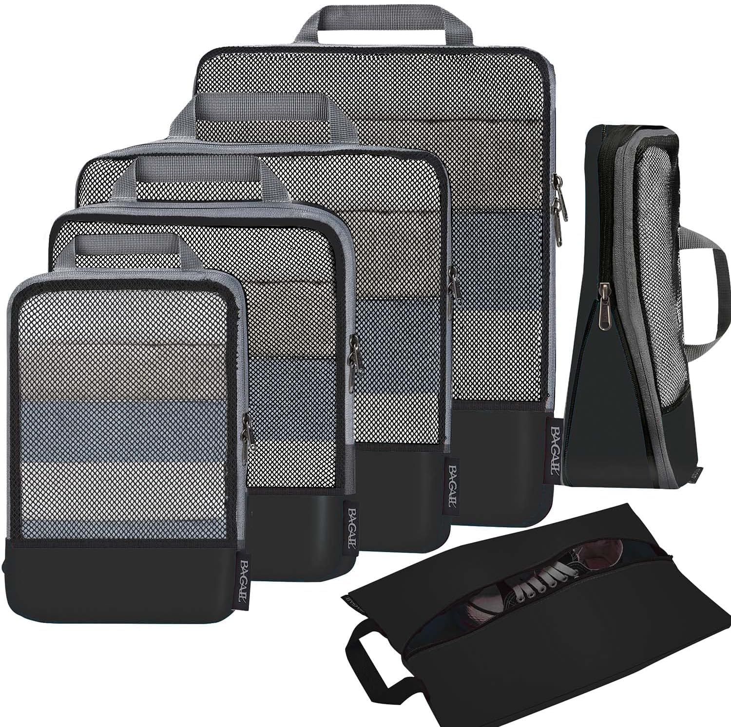 BAGAIL 6-piece black half-mesh compression packing cube set with shoe bag