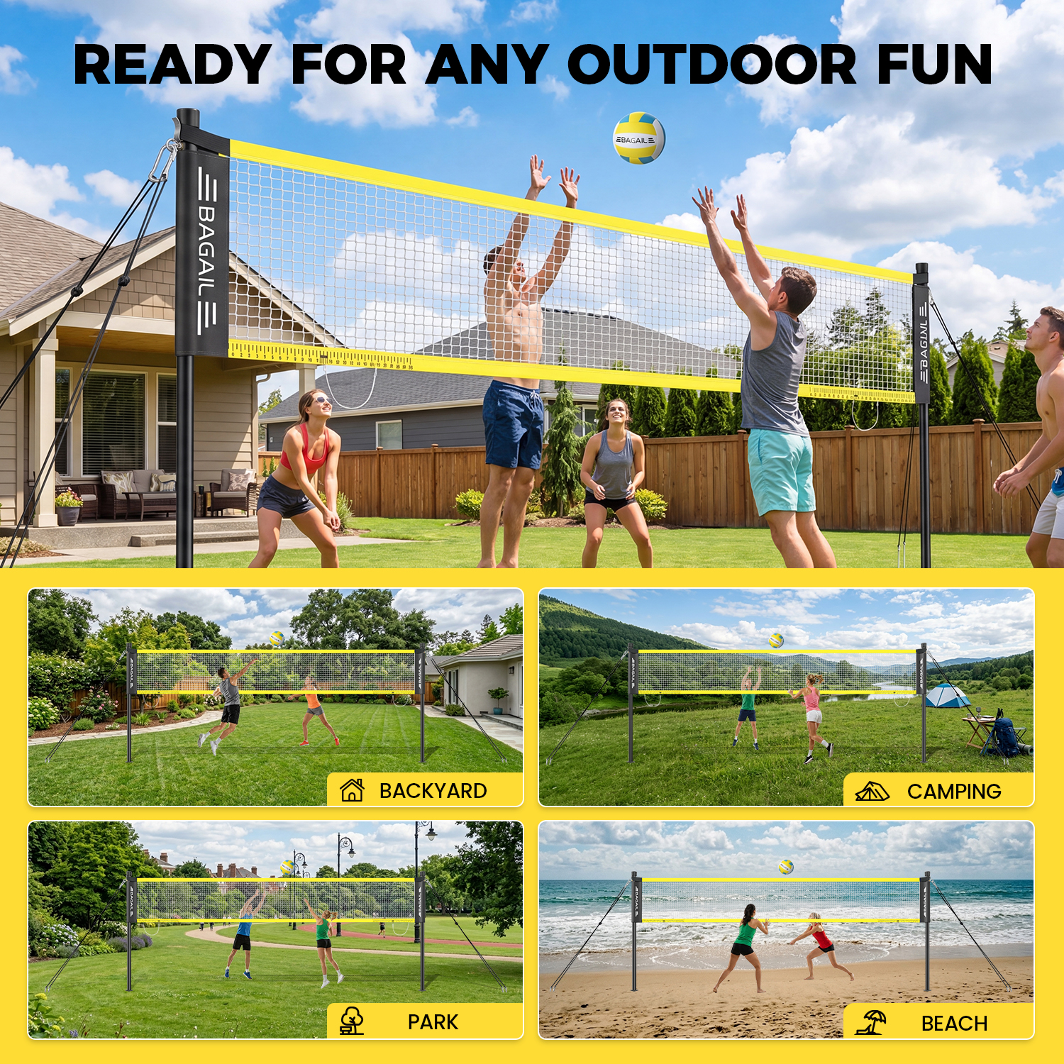 BAGAIL Outdoor Volleyball Net Set 20FT/32FT, Portable for Beach, Backyard | Complete Kit with Carry Bag, Ball & Pump, Integrated Scoring System, Anti-Sag, All-Weather Durability, Easy 5-min Setup-BAGAIL