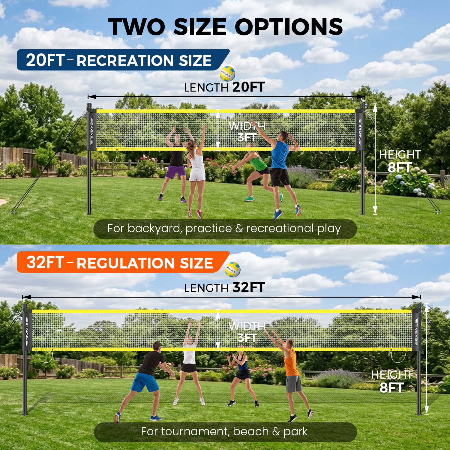 BAGAIL Outdoor Volleyball Net Set 20FT/32FT, Portable for Beach, Backyard | Complete Kit with Carry Bag, Ball & Pump, Integrated Scoring System, Anti-Sag, All-Weather Durability, Easy 5-min Setup-BAGAIL