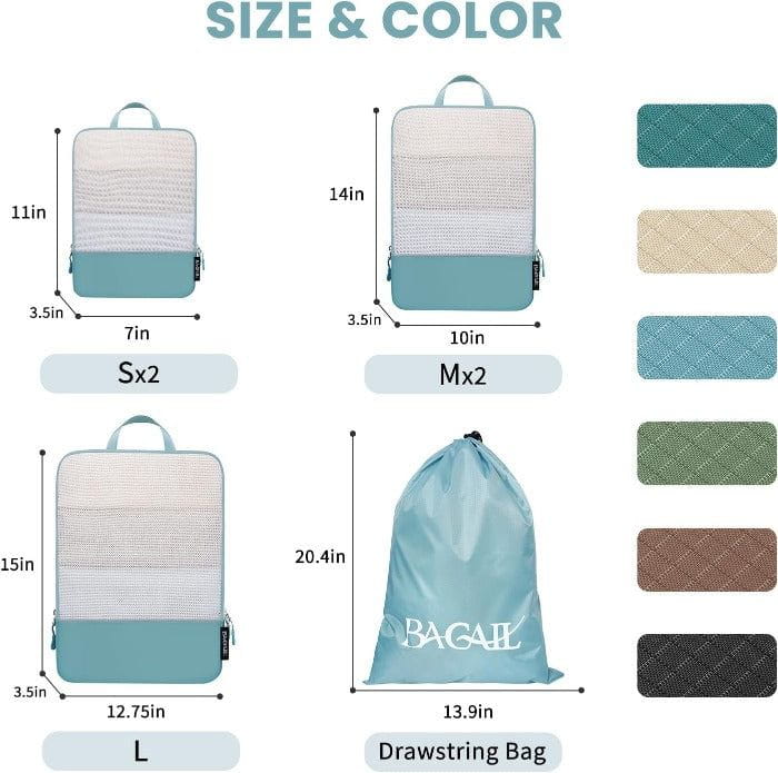 6 Set Ultralight 70D Compression Packing Cubes with Laundry Bag Bagail