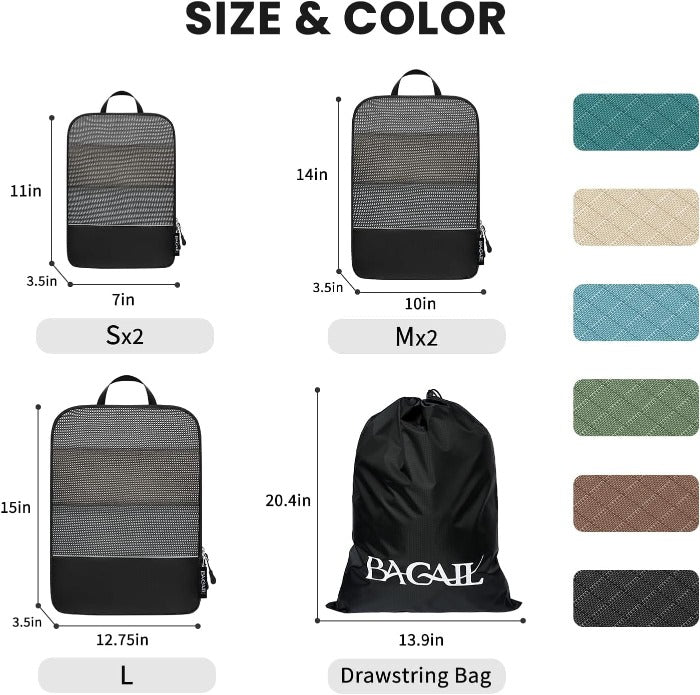 6 Set Ultralight 70D Compression Packing Cubes with Laundry Bag Bagail