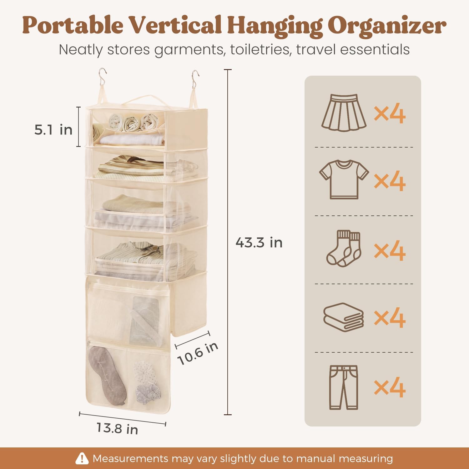 BAGAIL Portable Hanging Travel Closet Shelves, Packing Organizer for Luggage, Foldable Storage Bags for Closet, Dorm & RV