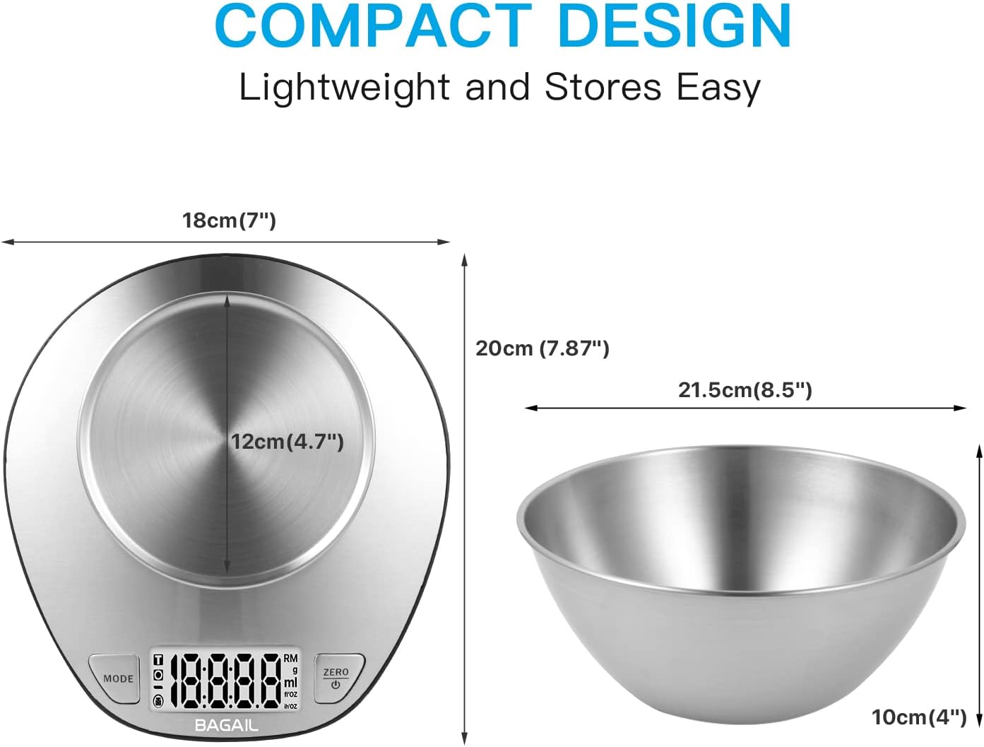BAGAIL BASICS Digital Kitchen Scale, Large Clear Display, Wet and Dry Food Scale with Stainless Steel Mixing Bowl - 11 lb