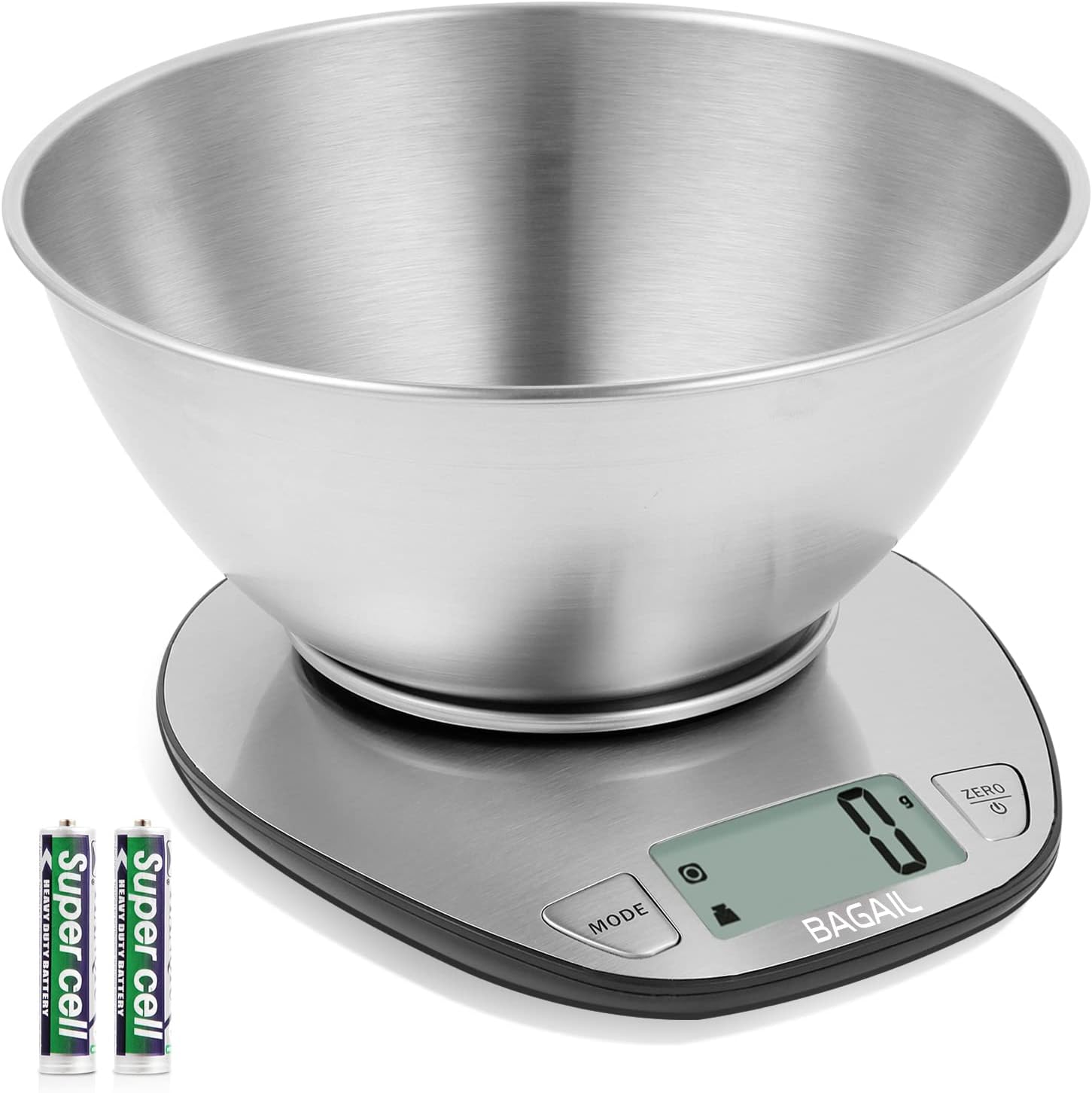BAGAIL BASICS Digital Kitchen Scale, Large Clear Display, Wet and Dry Food Scale with Stainless Steel Mixing Bowl - 11 lb