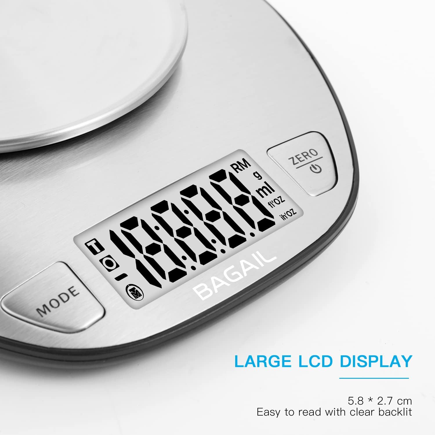 BAGAIL BASICS Digital Kitchen Scale, Large Clear Display, Wet and Dry Food Scale with Stainless Steel Mixing Bowl - 11 lb