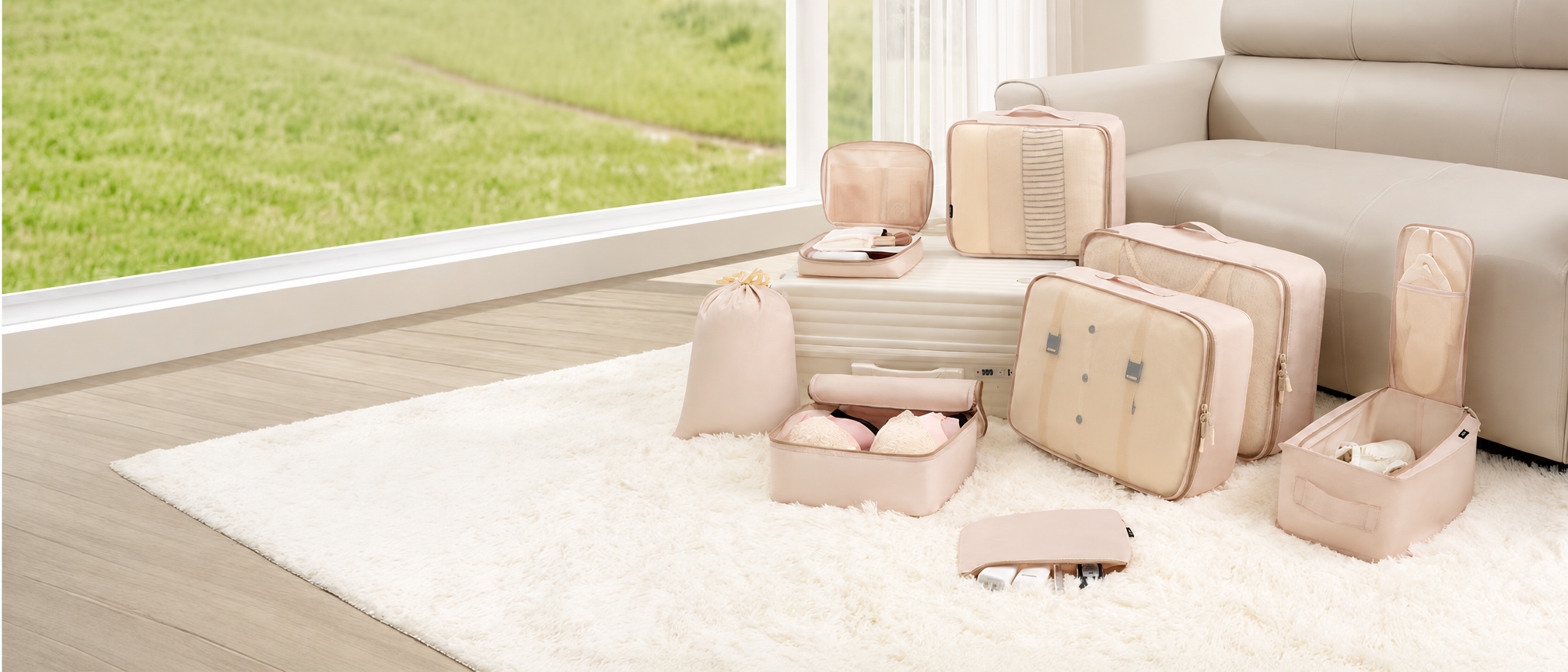 Cream travel packing organizers arranged in a bright living room next to a large window