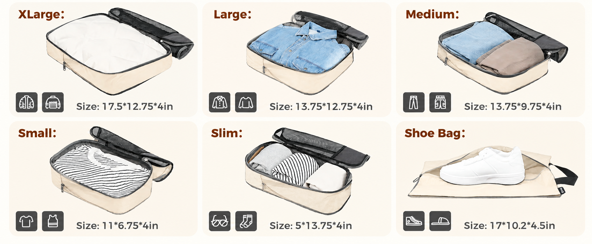 BAGAIL 6-piece compression packing cube set overview with sizes and contents