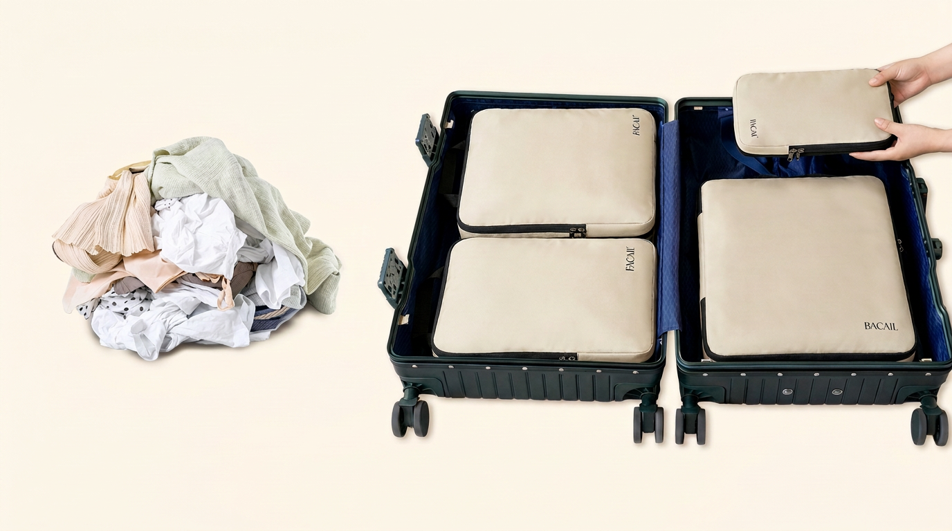 A pile of loose wrinkled clothes on the left versus an open dark green suitcase neatly packed with beige compression packing cubes on the right