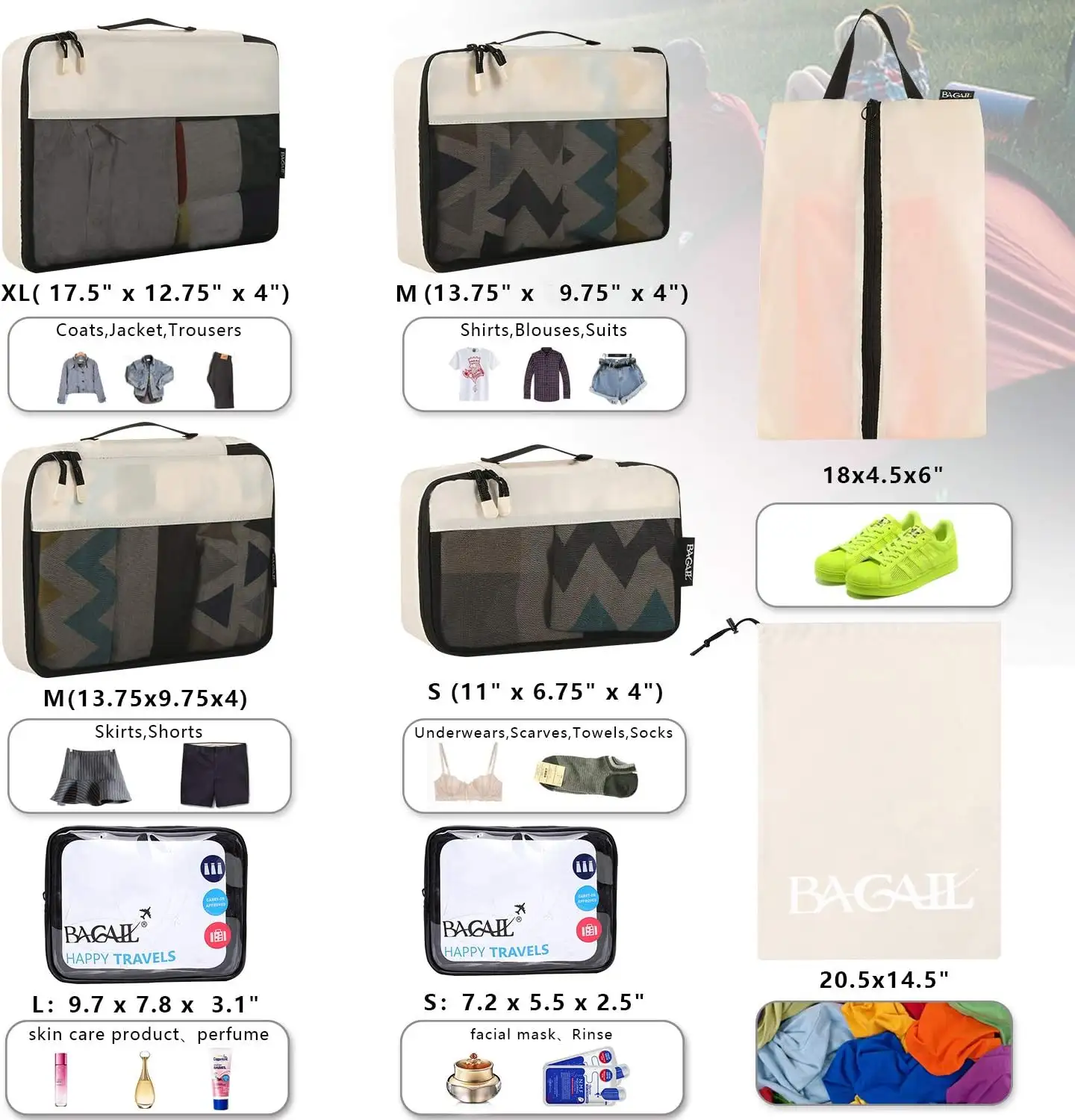 8 packing cubes set for luggage organization, includes clear bags and a shoe bag for efficient travel storage.