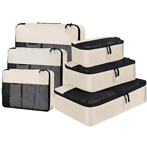 8 set packing cubes with clear bags and shoe bag, perfect for organized travel and luggage storage in beige.