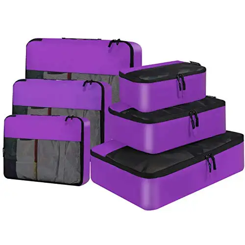 8 set packing cubes in purple, including clear bags and shoe bag, ideal for organized travel and luggage storage.