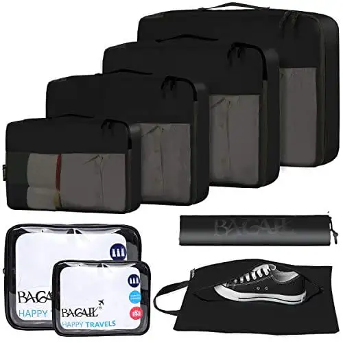 8 set packing cubes and shoe bag in black, perfect luggage organizers for travel accessories and efficient packing.
