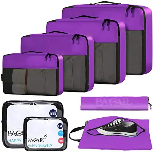 8 set packing cubes with clear bags and shoe bag for organized travel, durable luggage organizers in purple.