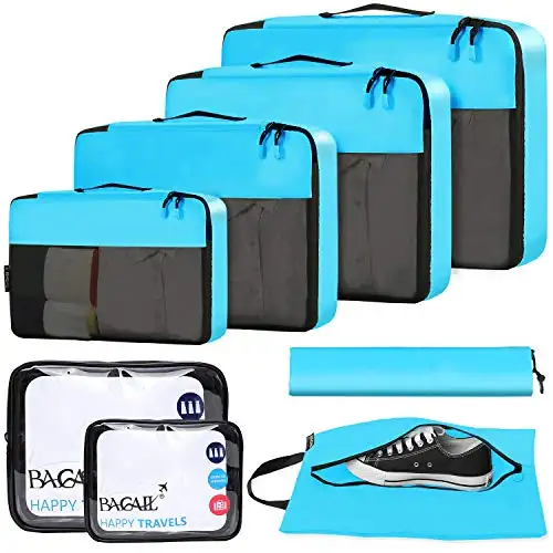 8 set packing cubes with clear bags and shoe bag for efficient travel organization, ideal for luggage packing.