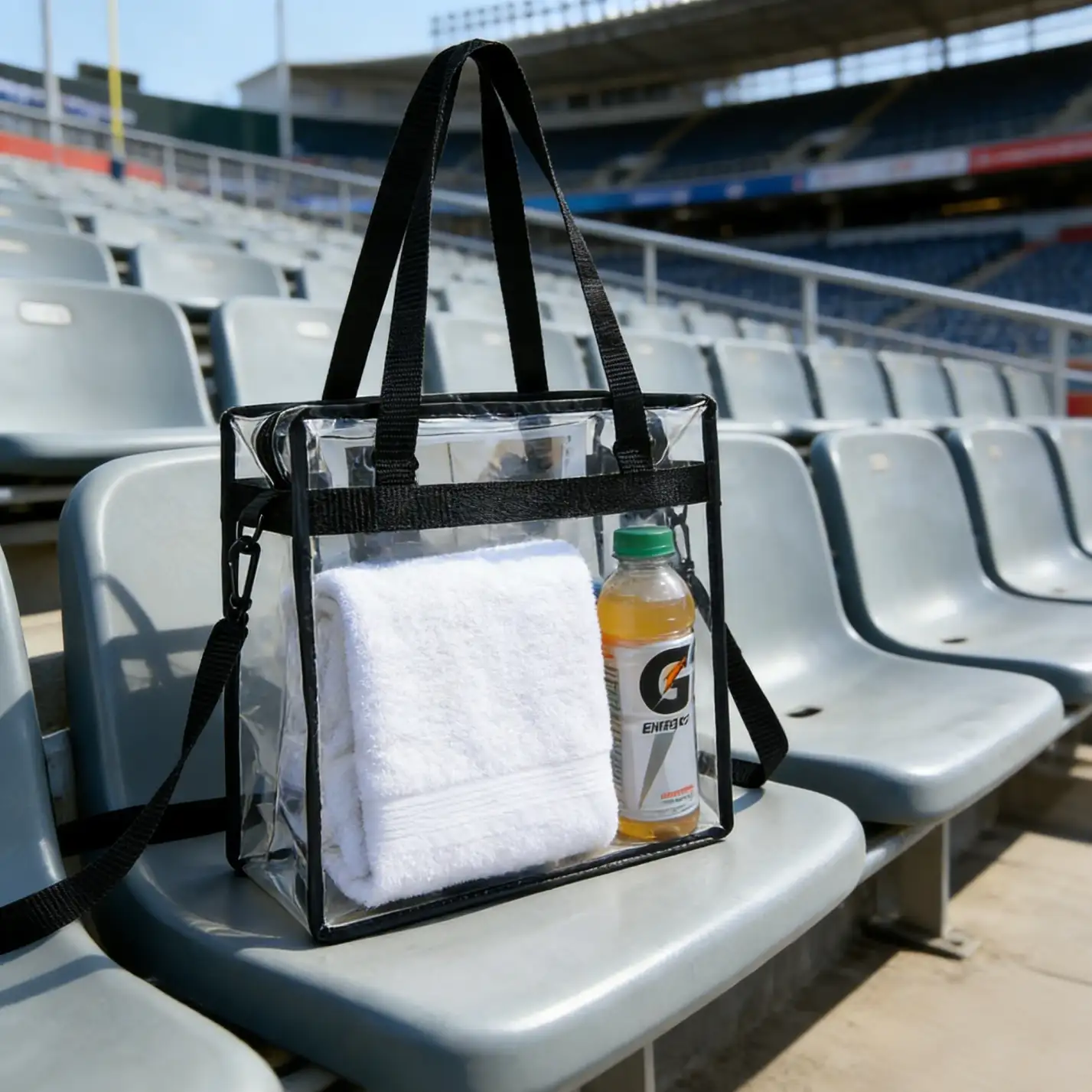 Stadium-approved clear tote bag, crossbody messenger style with adjustable strap and zipper closure for easy access.