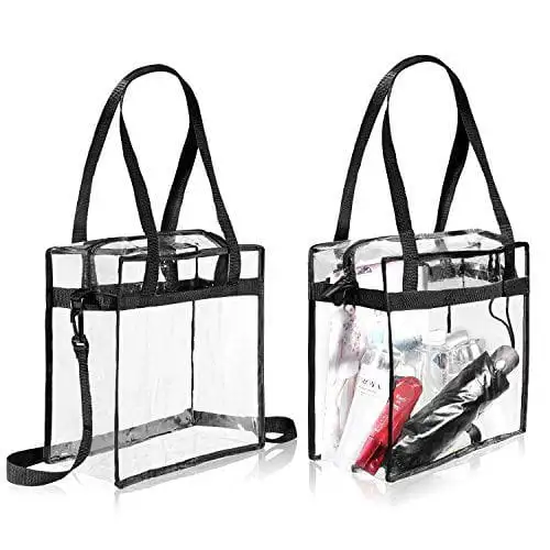 Clear stadium-approved tote bag, crossbody messenger style, adjustable strap, perfect for events and daily use.