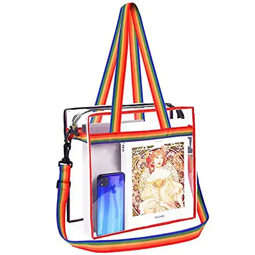 Clear stadium-approved tote bag, crossbody style with adjustable strap, zipper closure for secure storage.