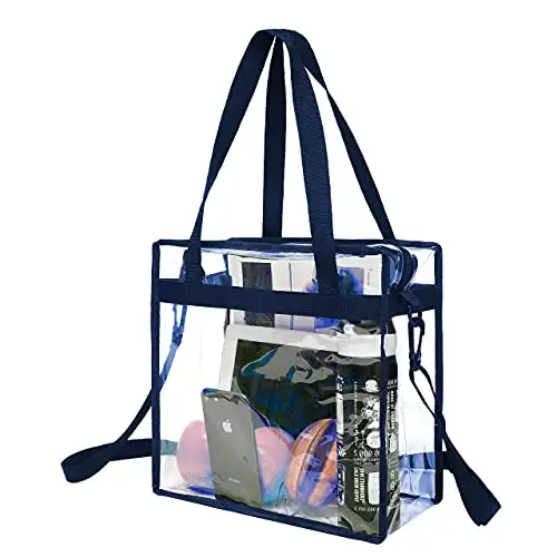 Clear stadium-approved tote bag, crossbody messenger style with adjustable strap, perfect for events and travel.