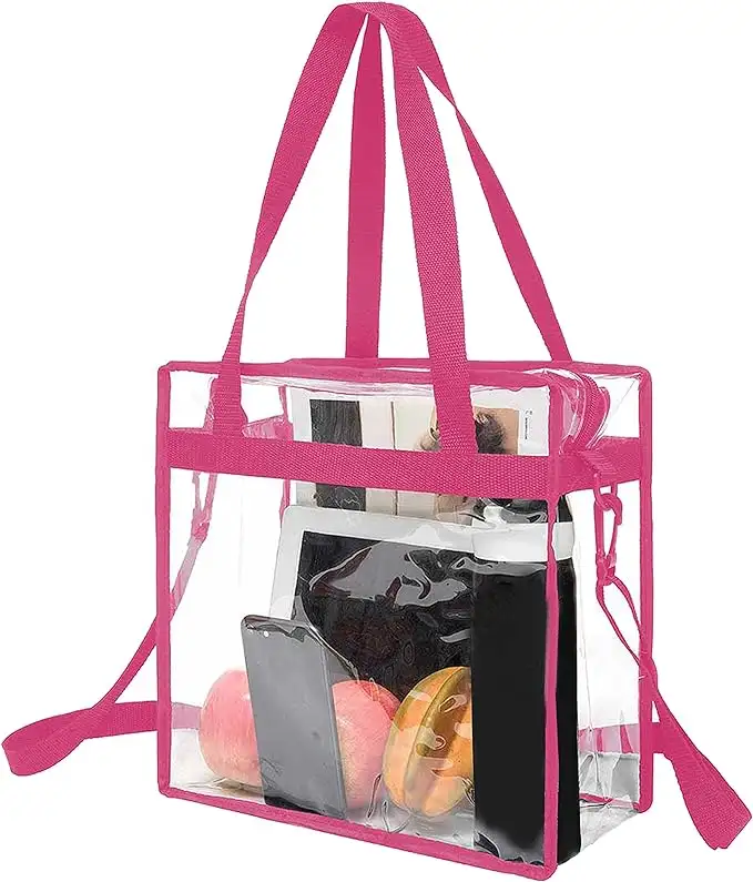 Clear stadium-approved tote bag, crossbody messenger style with adjustable strap, perfect for events and travel.