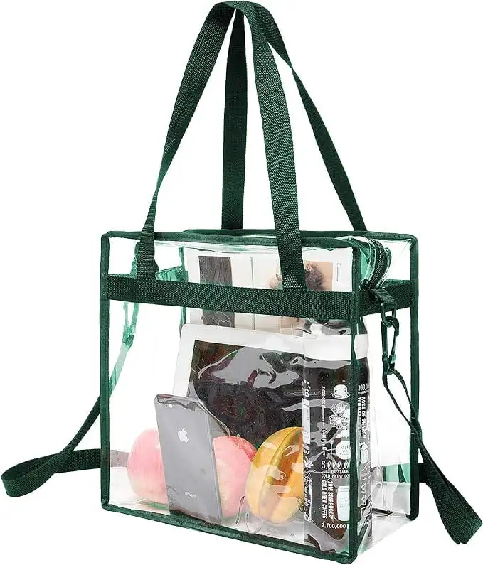 Clear stadium-approved tote bag with adjustable crossbody strap, perfect for events and everyday use.