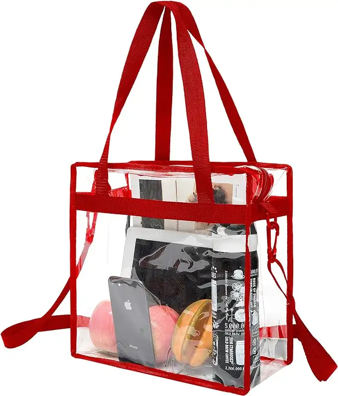 Clear stadium-approved tote bag, crossbody messenger style with adjustable strap and zipper closure, ideal for events.