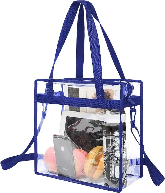 Clear stadium-approved tote bag, crossbody messenger style with adjustable strap, perfect for events and everyday use.