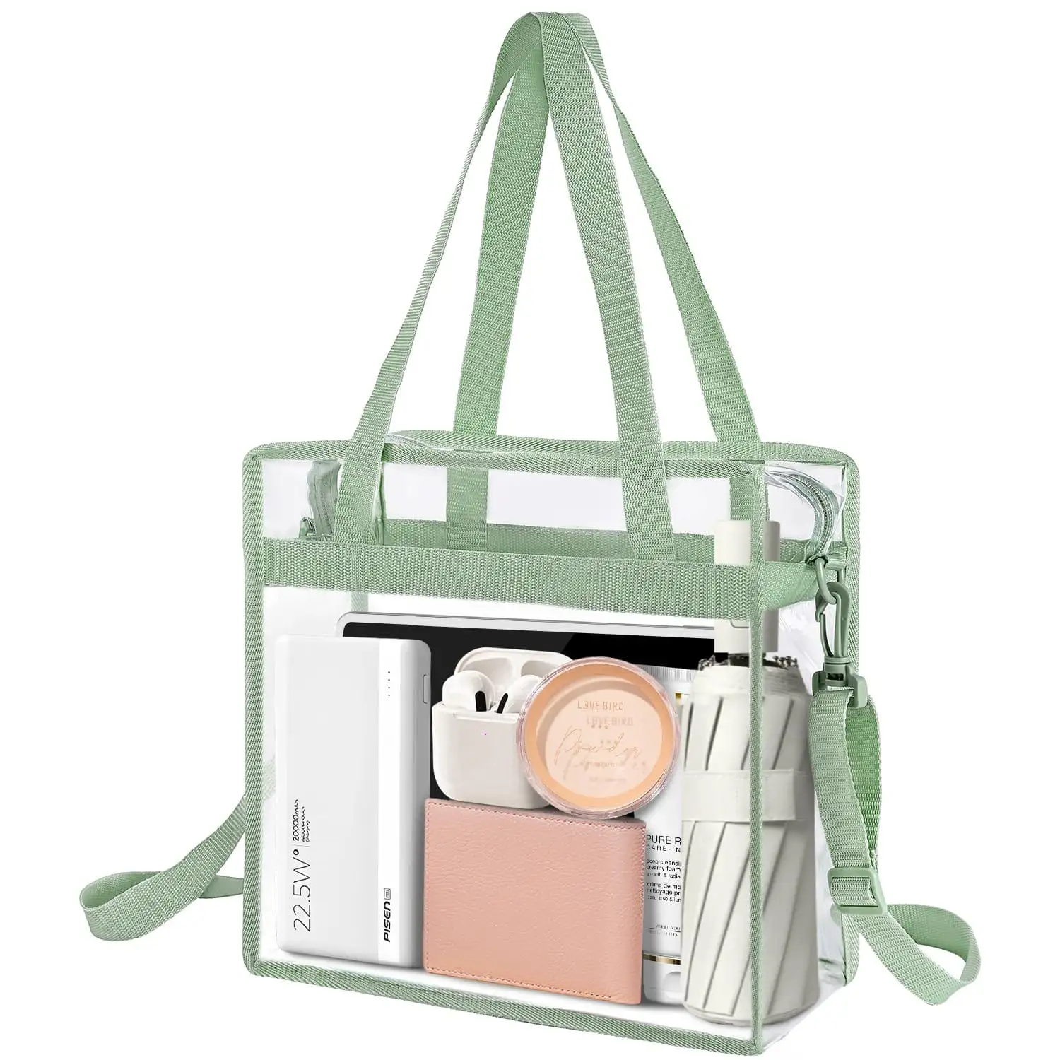 Clear stadium-approved tote bag in matcha green, adjustable crossbody strap, perfect for events and everyday use.