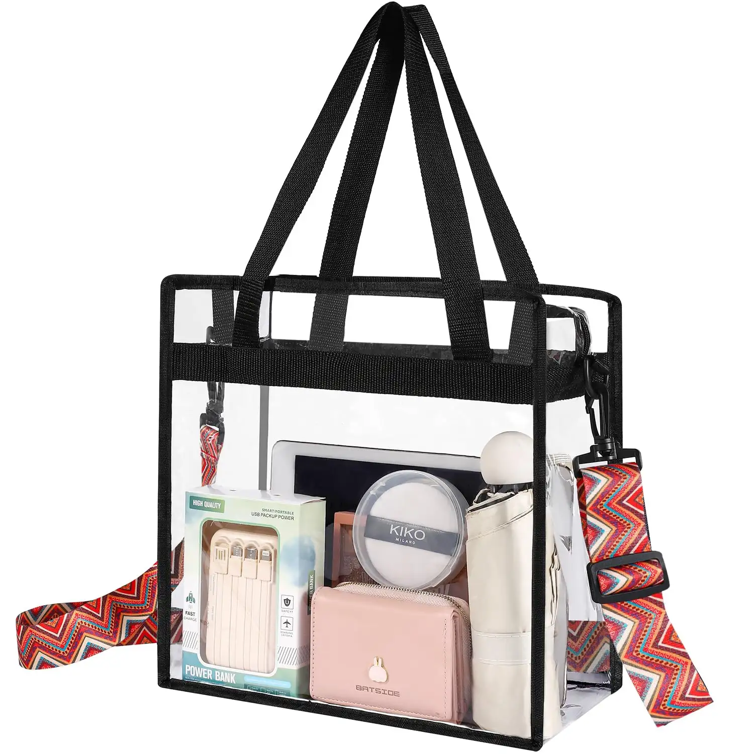 Stadium-approved clear tote bag, crossbody messenger style with adjustable strap and zip closure for convenient travel.