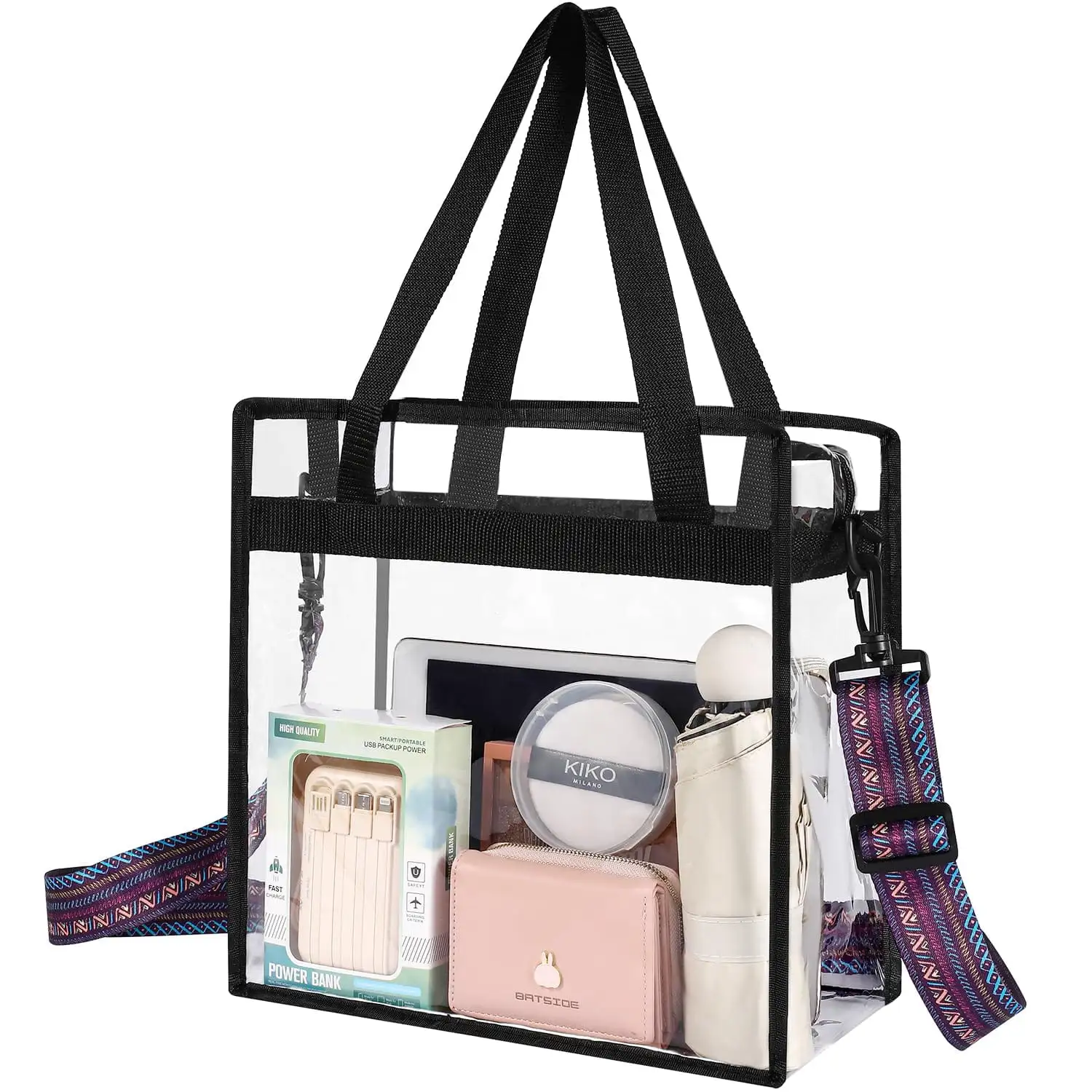 Clear tote bag, stadium approved, crossbody messenger style, adjustable strap, perfect for events and daily use.