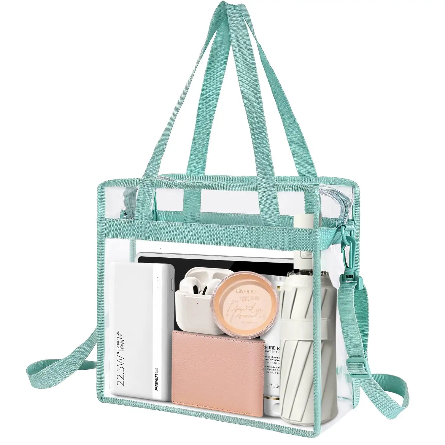 Clear stadium-approved tote bag, adjustable crossbody strap, zipper closure, perfect for events and travel, BAGAIL Dusty B...