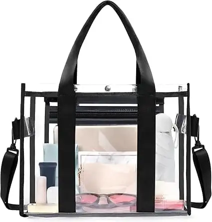 Clear stadium-approved tote bag with adjustable crossbody strap, perfect for events and daily use. Black color.