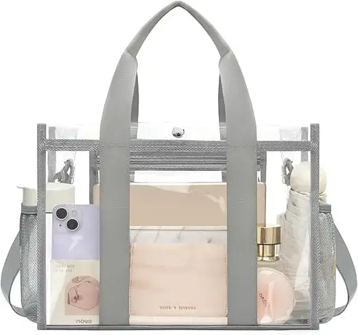 Stadium-approved clear tote bag with adjustable crossbody strap, perfect for events and daily use, in grey color.