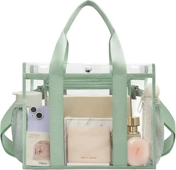 Clear stadium-approved tote bag, crossbody messenger with adjustable strap, perfect for events and daily use.