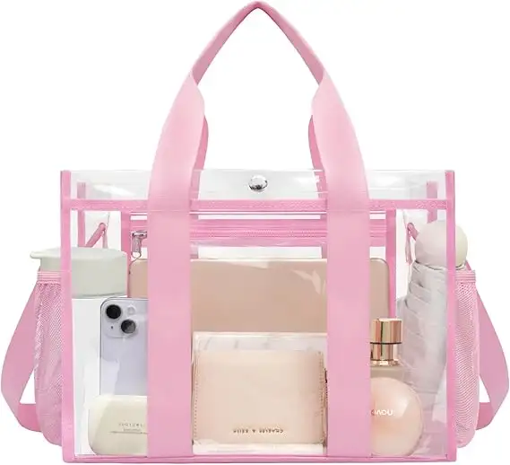 Clear stadium-approved tote bag, crossbody messenger style with adjustable strap, perfect for events and outings.
