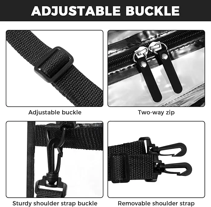 Clear stadium-approved tote bag, crossbody messenger style with adjustable strap for convenience and style.