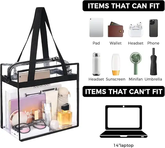 Stadium-approved clear tote bag, crossbody messenger style with adjustable strap for easy carrying.