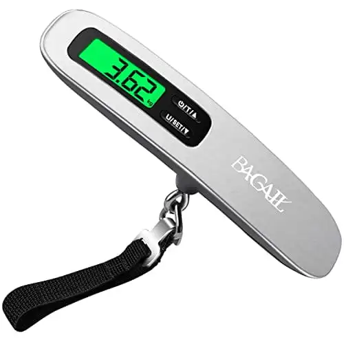 Digital metal luggage scale, 110lbs capacity, portable with backlit LCD, ideal for travelers and suitcase weight measurement.