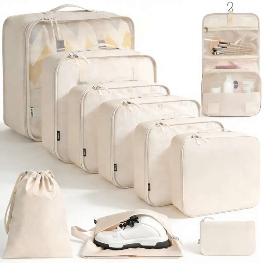 10 set mesh packing cubes in various sizes with laundry, makeup bag, and zipper pouch for organized travel.