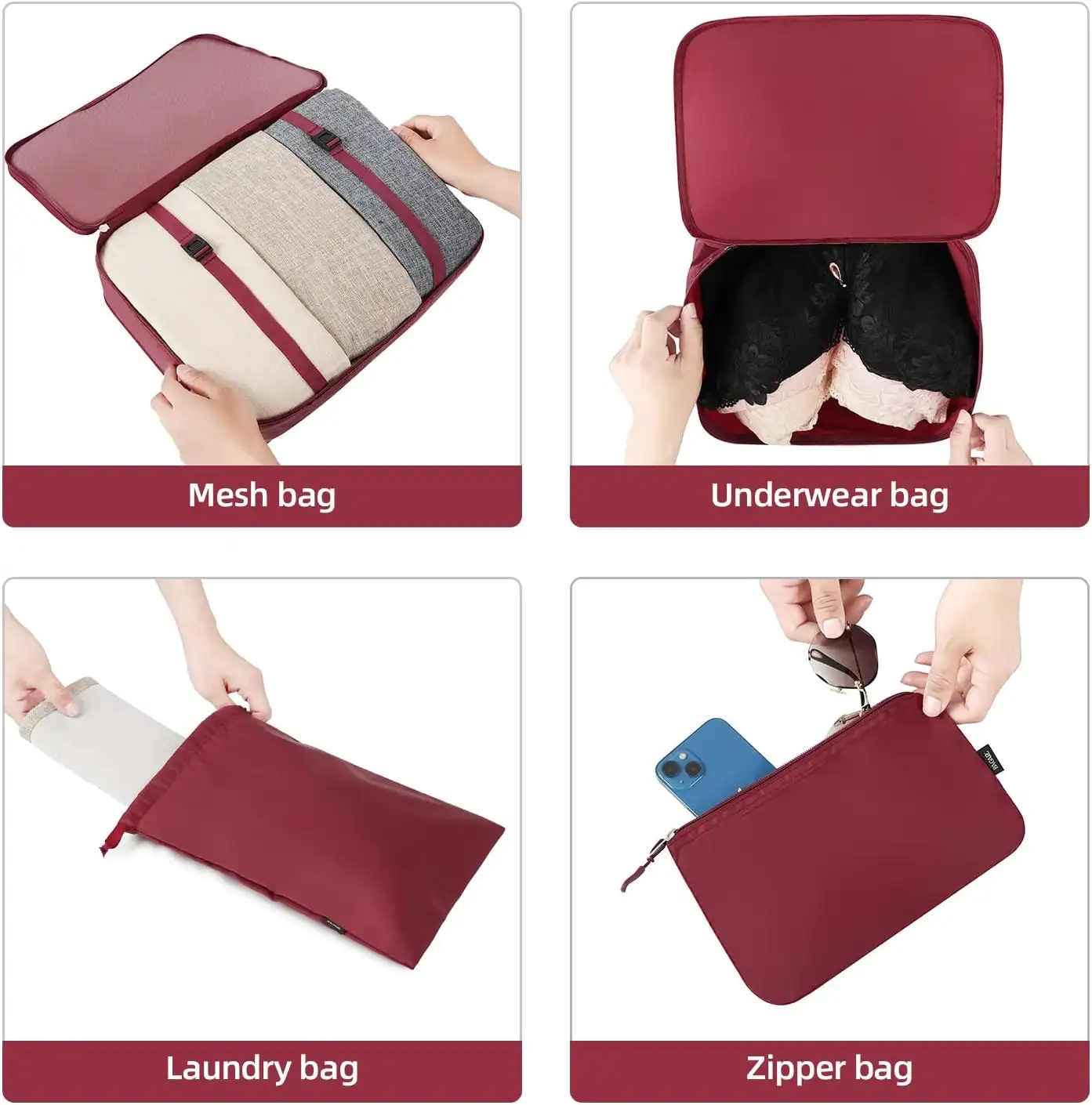 10 mesh packing cubes in various sizes, includes laundry bag, makeup bag, and zipper pouch for organized travel.