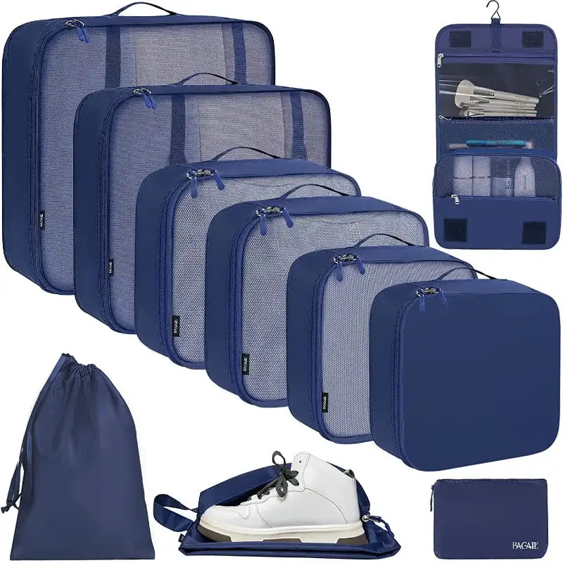 10 set mesh packing cubes in various sizes with laundry bag, makeup bag, and zipper pouch for organized travel.
