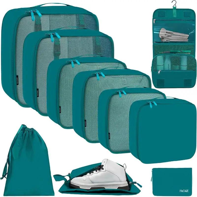 10 set mesh packing cubes in various sizes with laundry bag, makeup bag, and zipper pouch for organized travel.