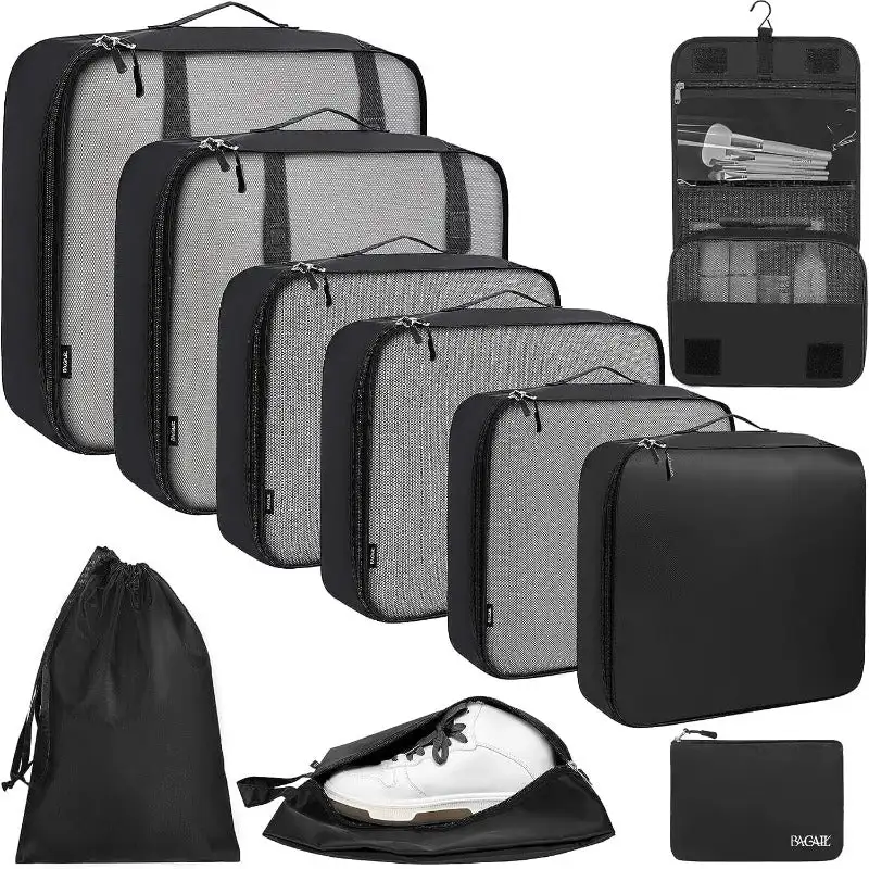 10 set mesh packing cubes in various sizes with laundry bag, makeup bag, and zipper pouch for organized travel.