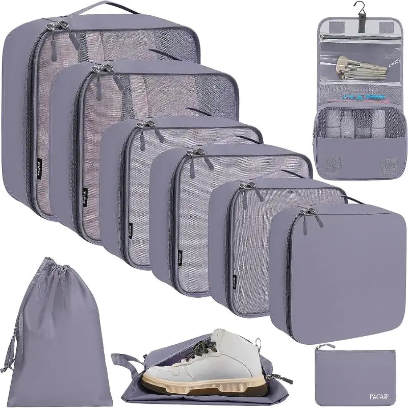 10 set mesh packing cubes in various sizes with laundry bag, makeup bag, and zipper pouch for organized travel.