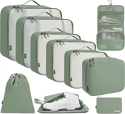 10 set mesh packing cubes in various sizes, includes laundry bag, makeup bag, and zipper pouch for organized travel.